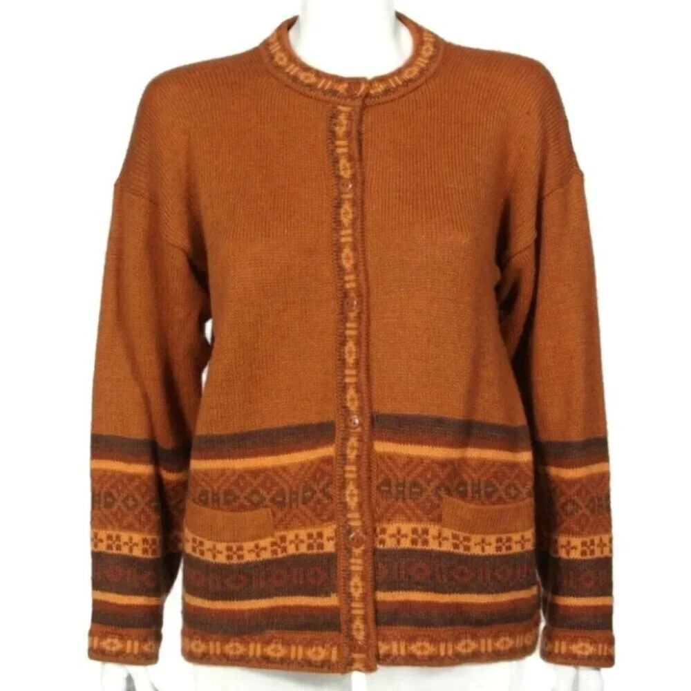 Vintage Arte Inka-Berfass 100% Alpaca Brown Yellow Aztec Geo Cardigan Sweater L - Picture 1 of 4